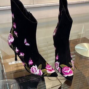 Beverly Feldman Black and Pink Floral Heeled Boots